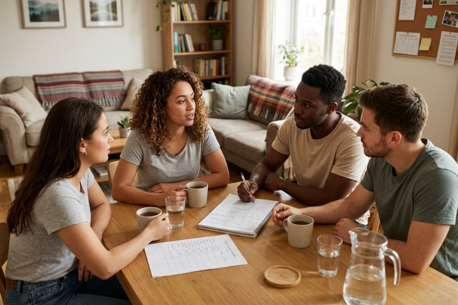 Roommates sitting together having a structured house conversation