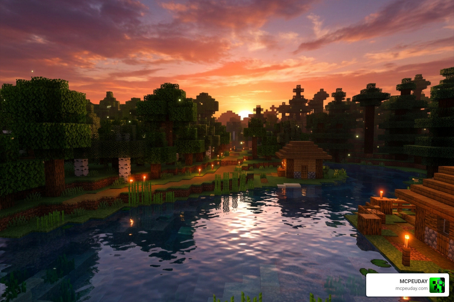 Minecraft Bedrock sunset scene enhanced by NovaFX Visuals Shader lighting