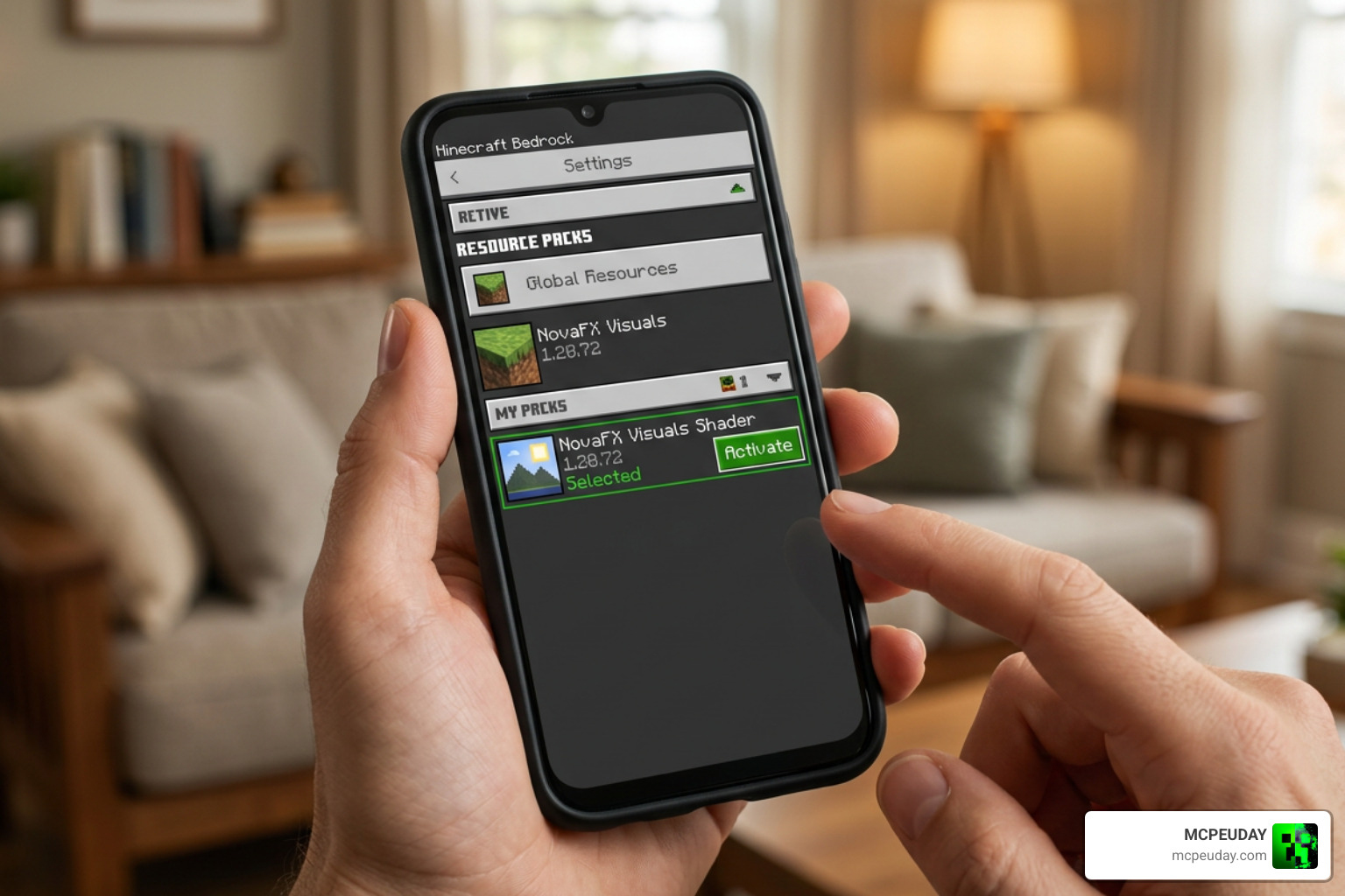 Android device screen showing Minecraft settings menu and resource pack activation
