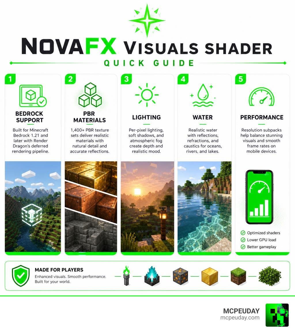 NovaFX Visuals Shader quick guide: Bedrock support, PBR materials, lighting, water, performance infographic