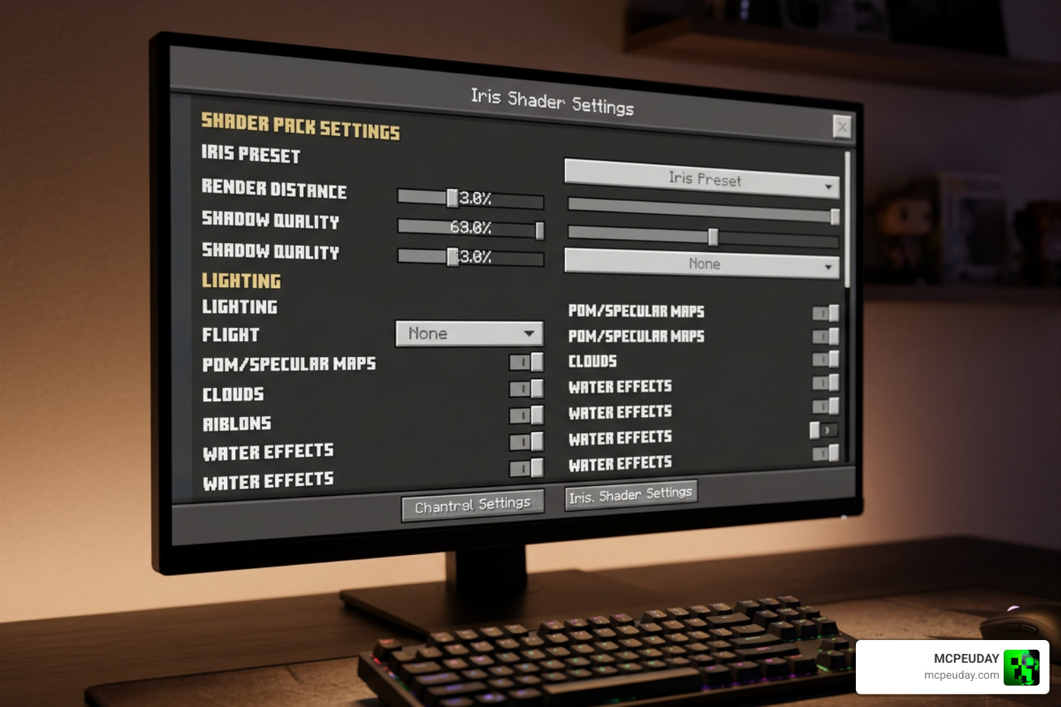 Minecraft shader settings screen showing Iris preset controls