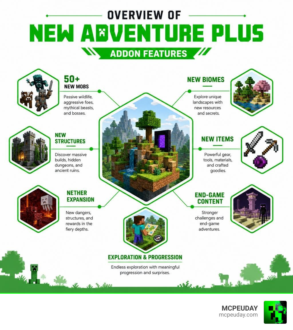 Overview of New Adventure Plus Addon features infographic Overview of New Adventure Plus Addon features infographic