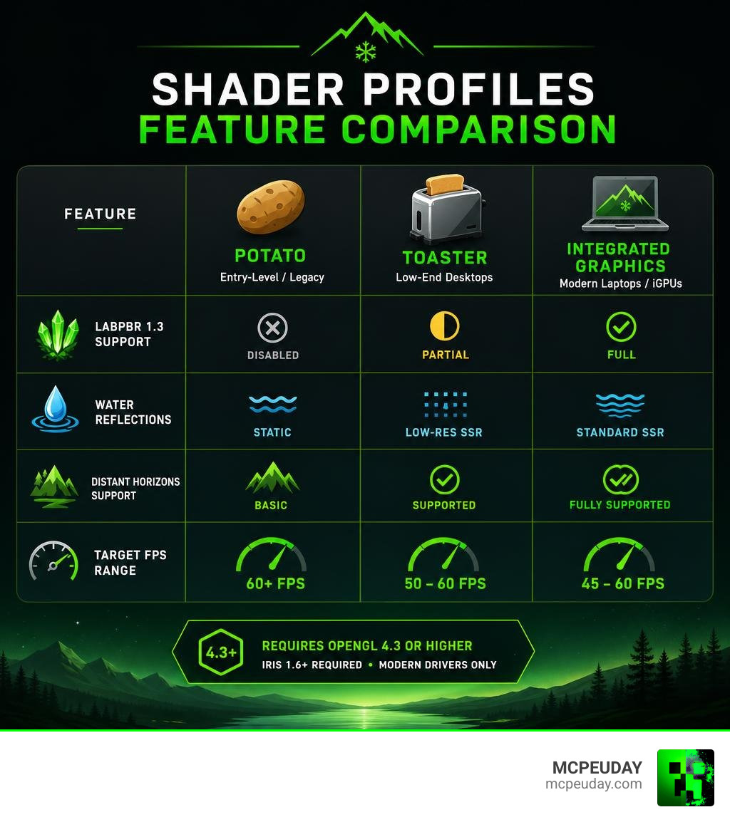 Comparison table of shader profiles and feature availability infographic