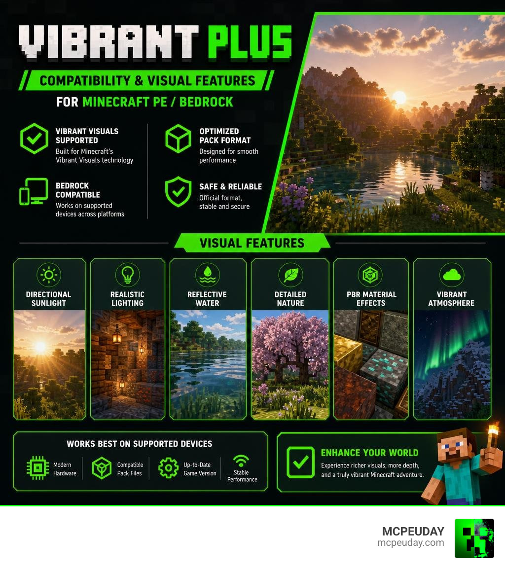 Vibrant PLUS pack compatibility and visual features for Minecraft PE Bedrock infographic