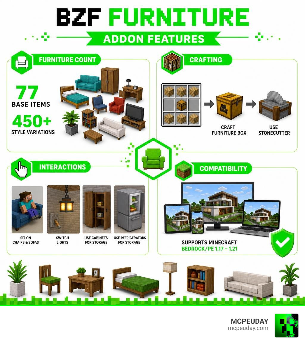 BZF Furniture Addon features: furniture count, crafting, interactions, and compatibility infographic