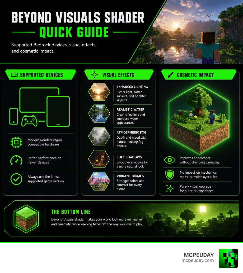 Beyond Visuals Shader quick guide: supported Bedrock devices, visual effects, and cosmetic impact infographic Beyond Visuals Shader quick guide: supported Bedrock devices, visual effects, and cosmetic impact infographic