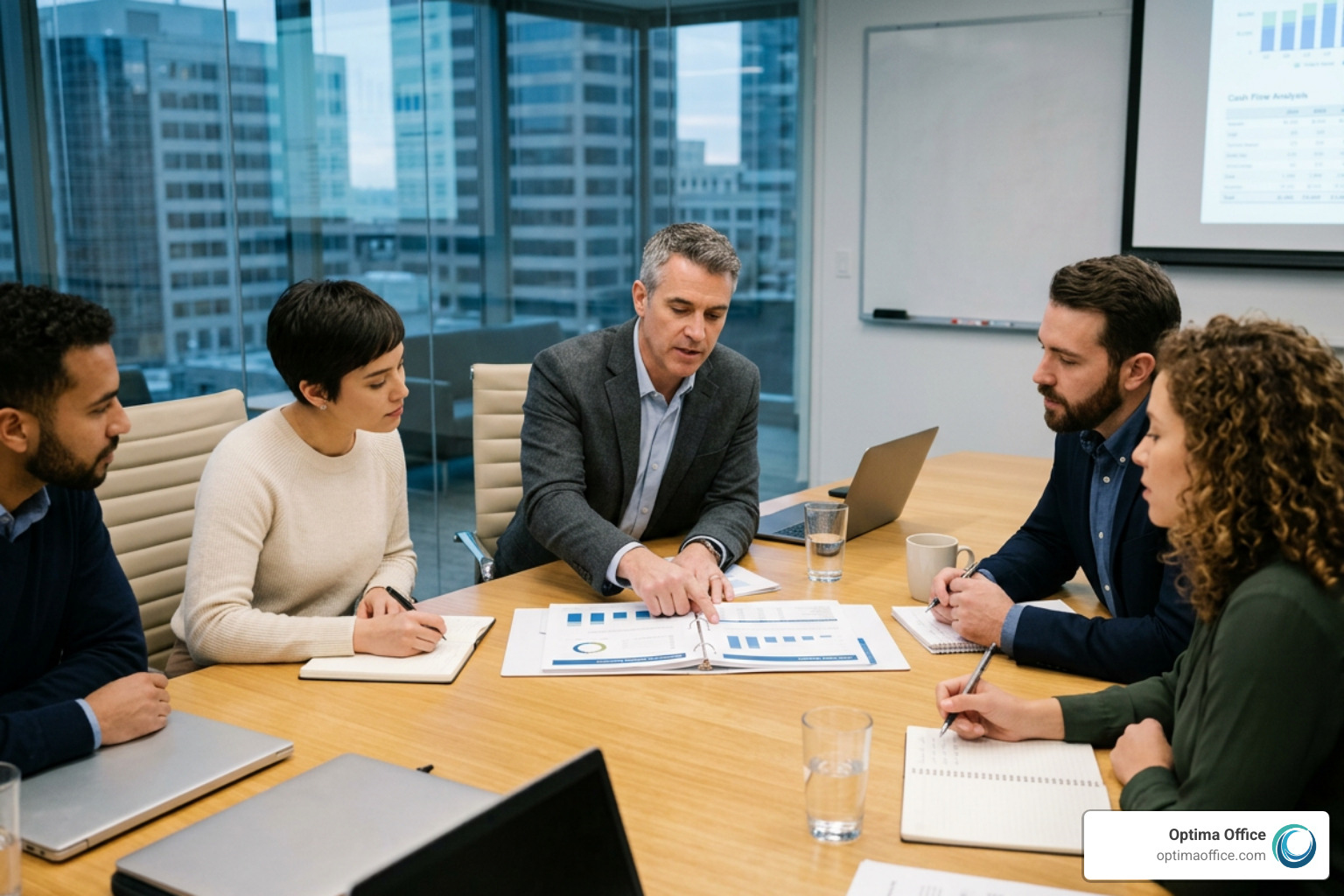 finance executive reviewing liquidity report with leadership team