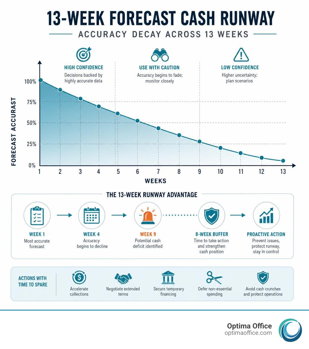 13-week forecast cash runway showing accuracy decay across 13 weeks infographic