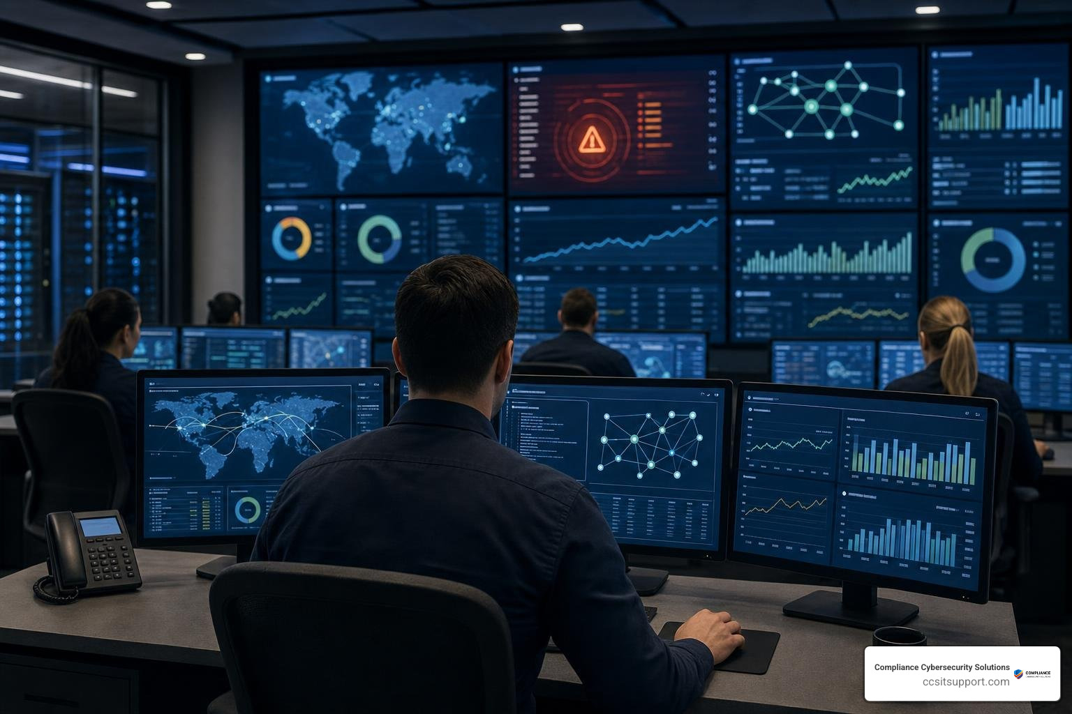 Cybersecurity Operations Center dashboard displaying threat detection and network uptime