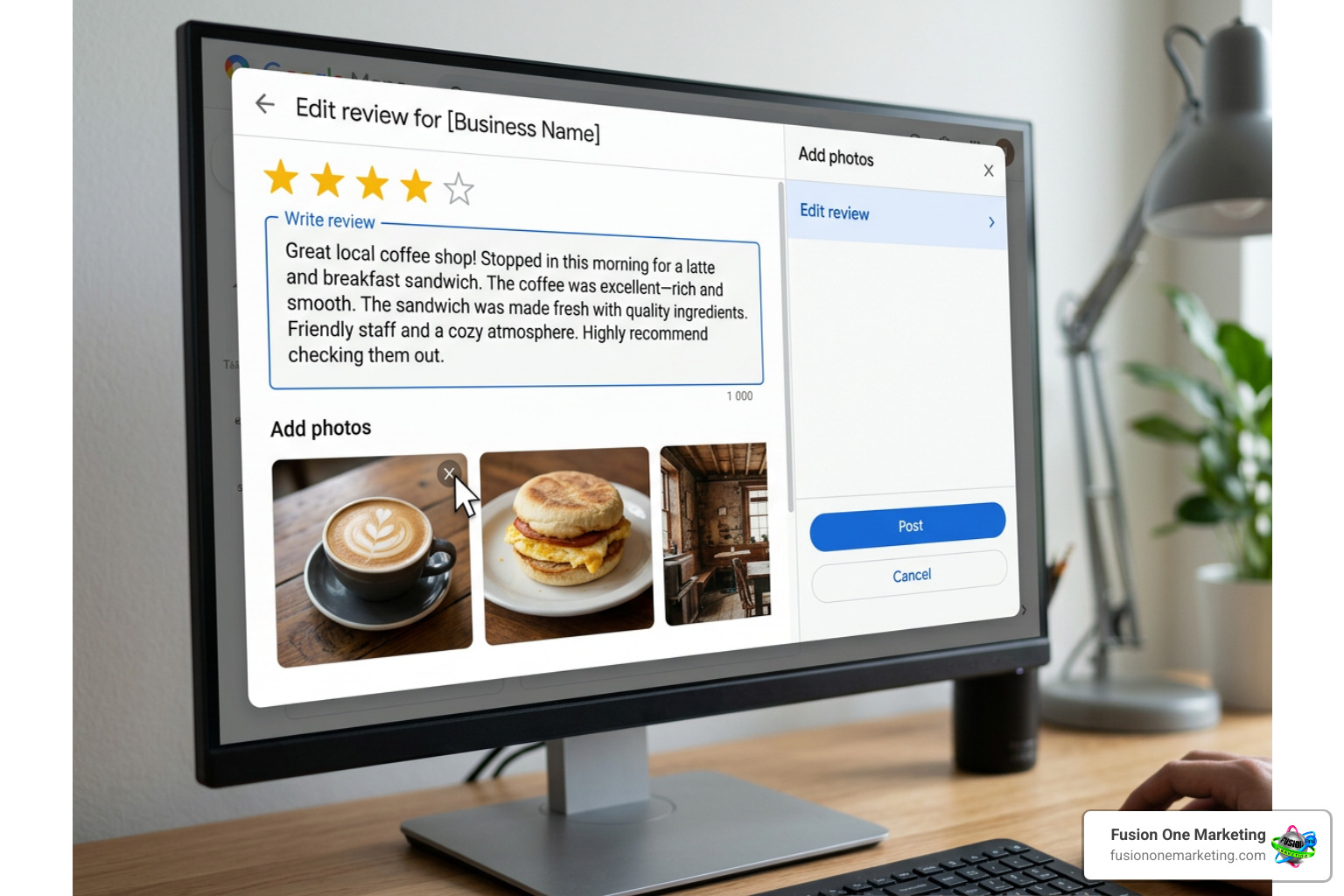 Step-by-step UI workflow showing how to select and delete a photo thumbnail from an existing review Step-by-step UI workflow showing how to select and delete a photo thumbnail from an existing review