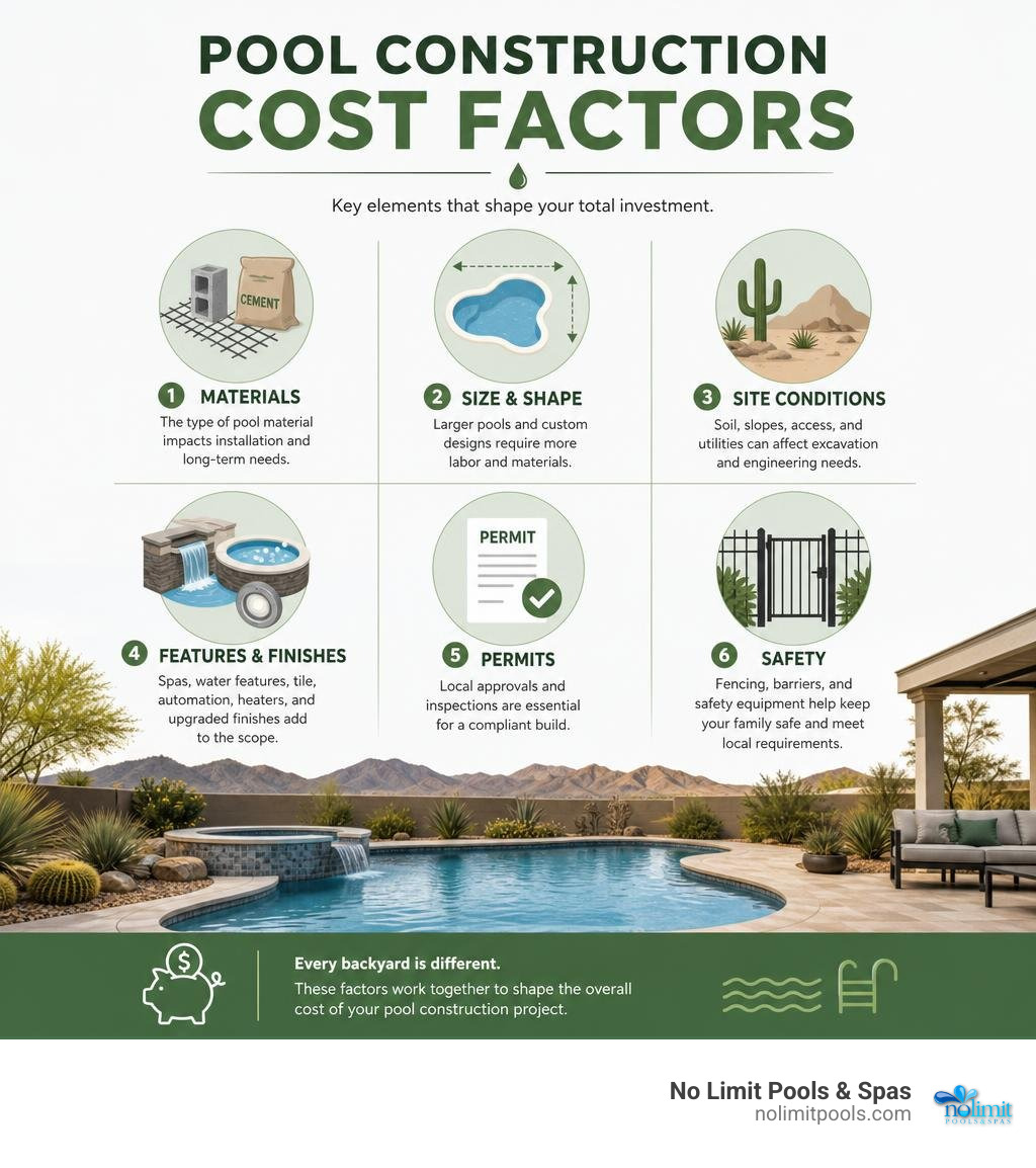 Pool construction cost factors: materials, size, site, features, permits, and safety infographic