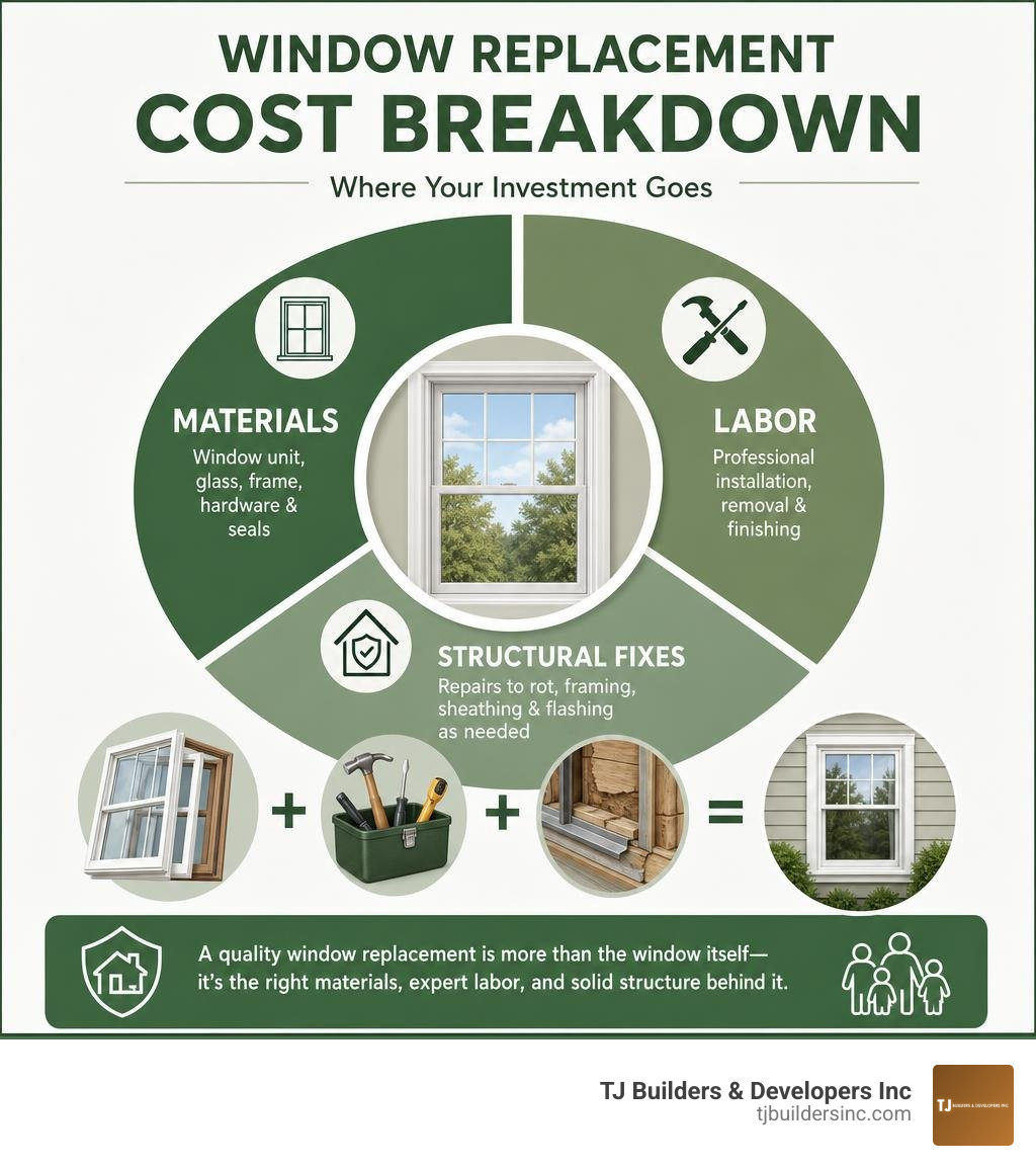 Infographic breaking down window replacement cost elements: materials, labor, and structural fixes infographic Infographic breaking down window replacement cost elements: materials, labor, and structural fixes infographic