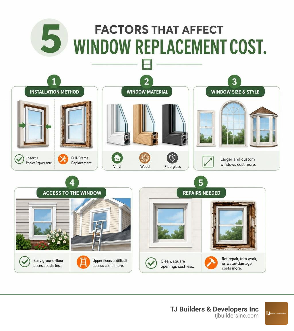 Infographic showing window replacement cost factors: method, material, size, access, repairs infographic Infographic showing window replacement cost factors: method, material, size, access, repairs infographic