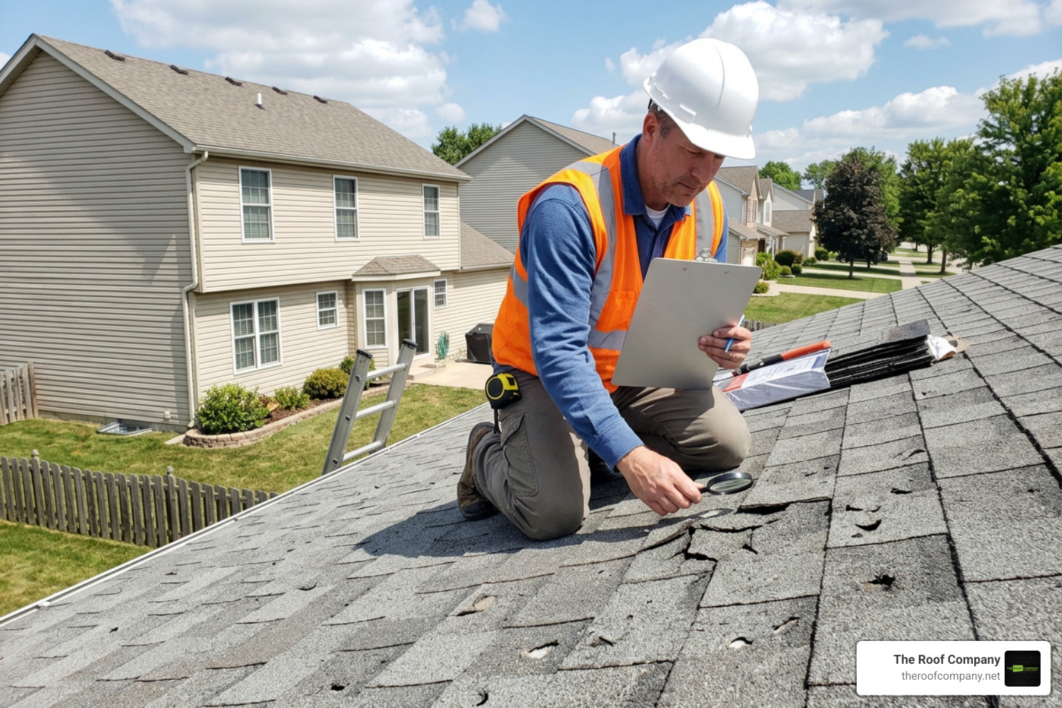 Insurance adjuster inspecting hail damage on home roof