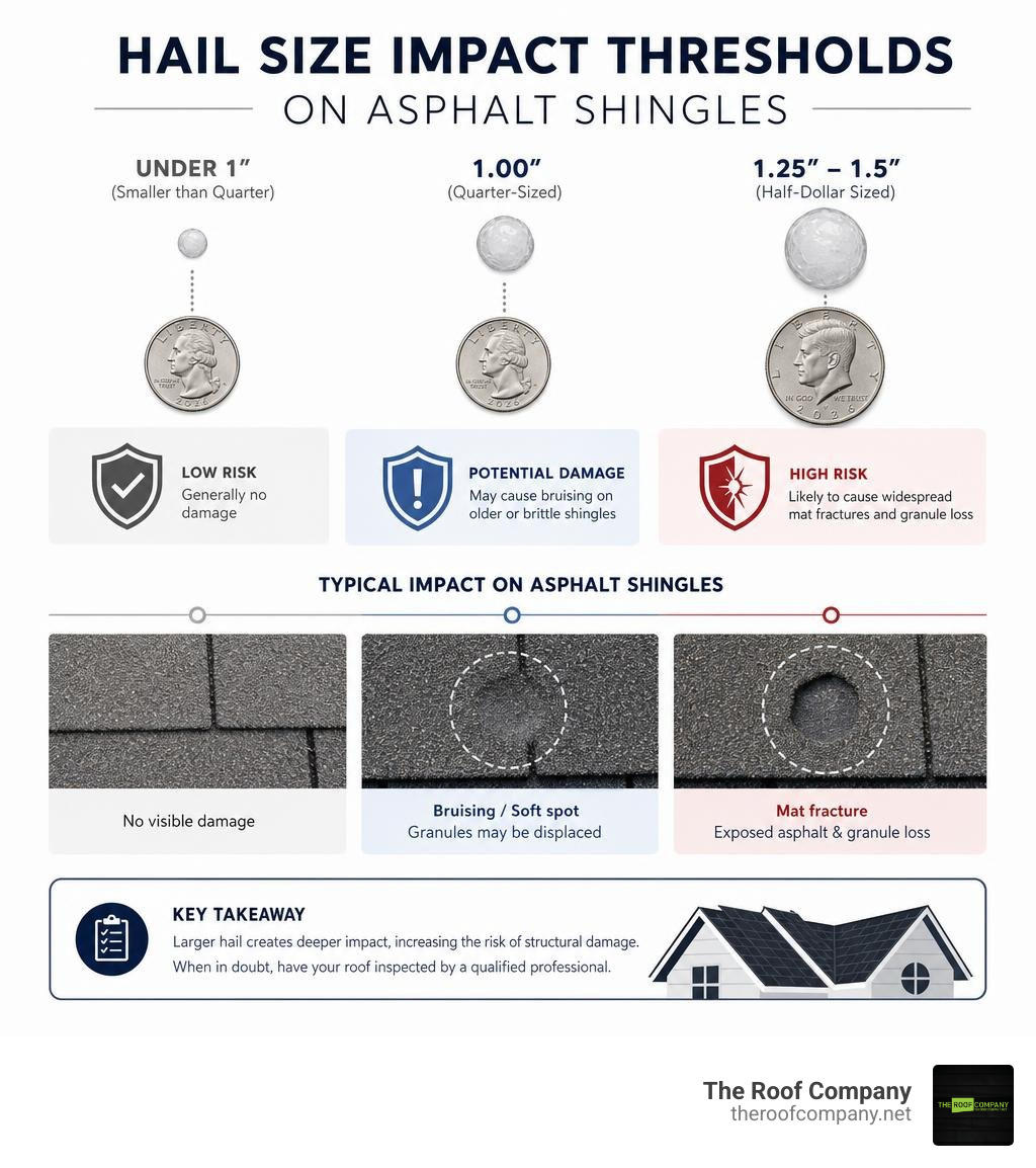 Hail size impact thresholds on asphalt shingles infographic