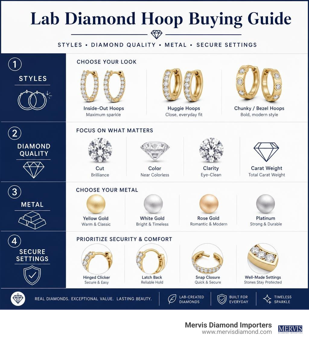 Lab diamond hoop buying guide: styles, diamond quality, metal, and secure settings infographic