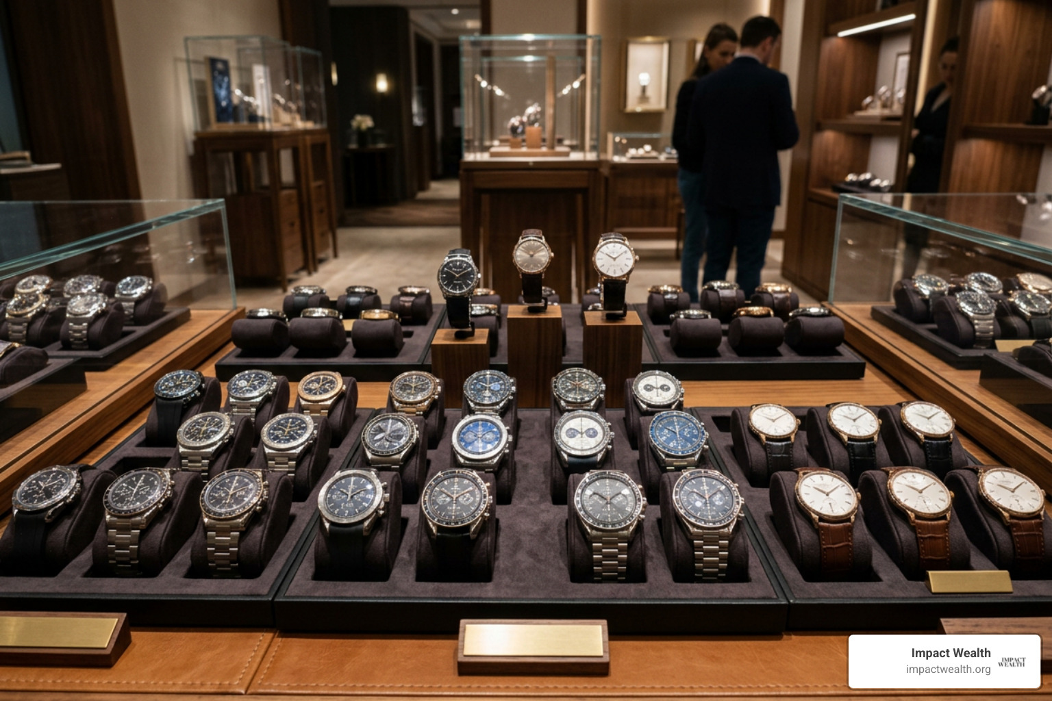 luxury sports and dress timepieces arranged on display