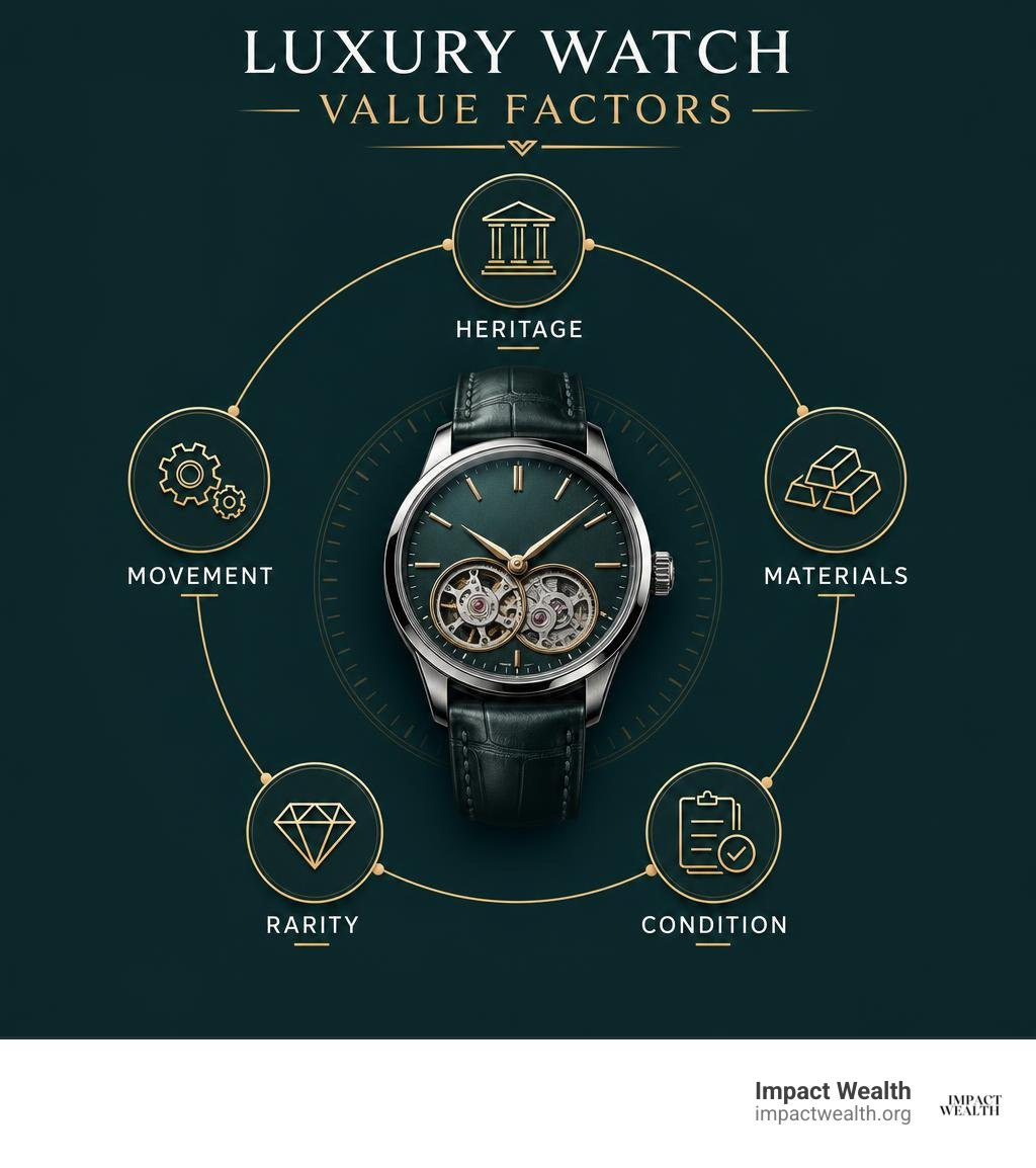 Luxury watch value factors: heritage, movement, materials, rarity, condition infographic