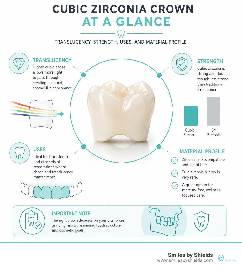 Cubic zirconia crown at a glance: translucency, strength, uses, and material profile infographic Cubic zirconia crown at a glance: translucency, strength, uses, and material profile infographic