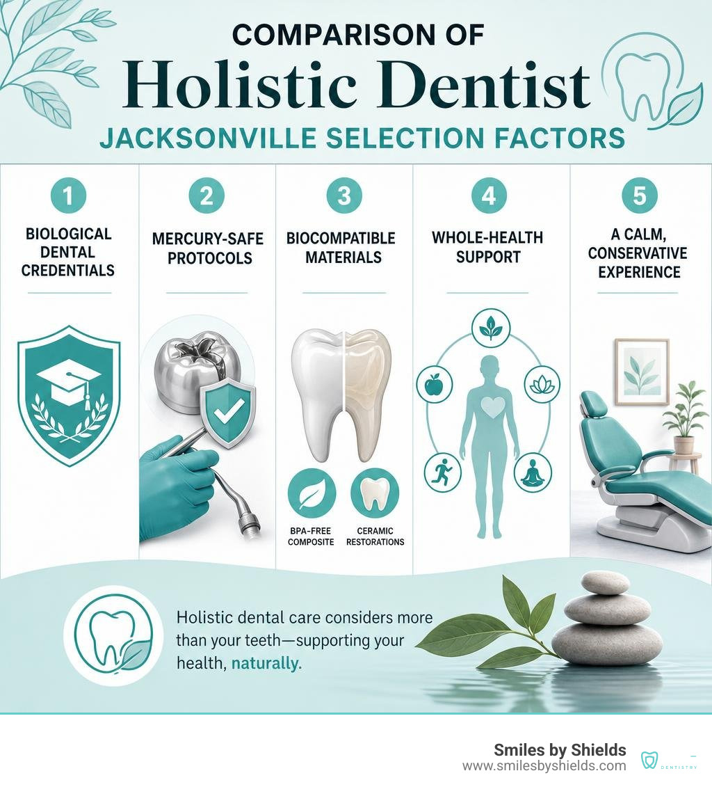 Comparison of holistic dentist Jacksonville selection factors infographic