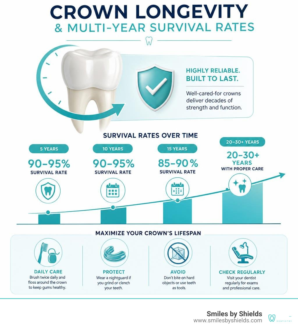 Statistics on crown longevity and multi-year survival rates infographic Statistics on crown longevity and multi-year survival rates infographic