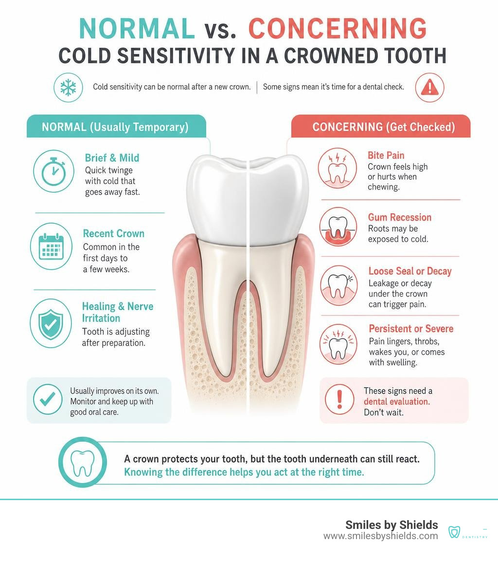 Normal versus concerning cold sensitivity in a crowned tooth infographic