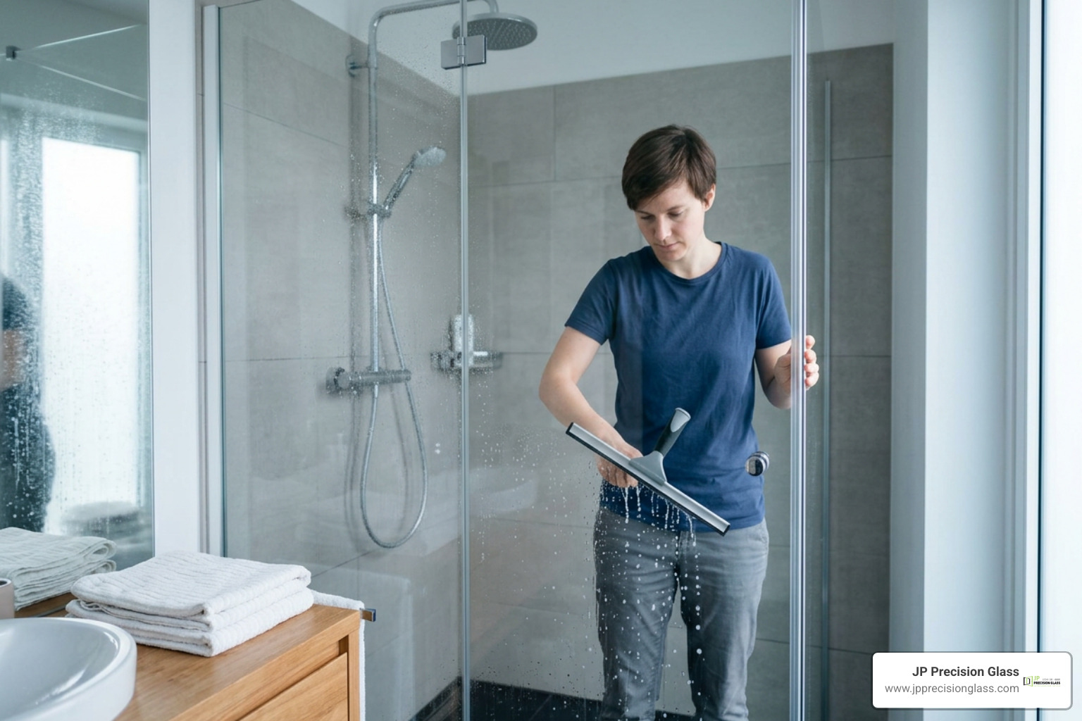 cleaning glass shower door panel with squeegee cleaning glass shower door panel with squeegee