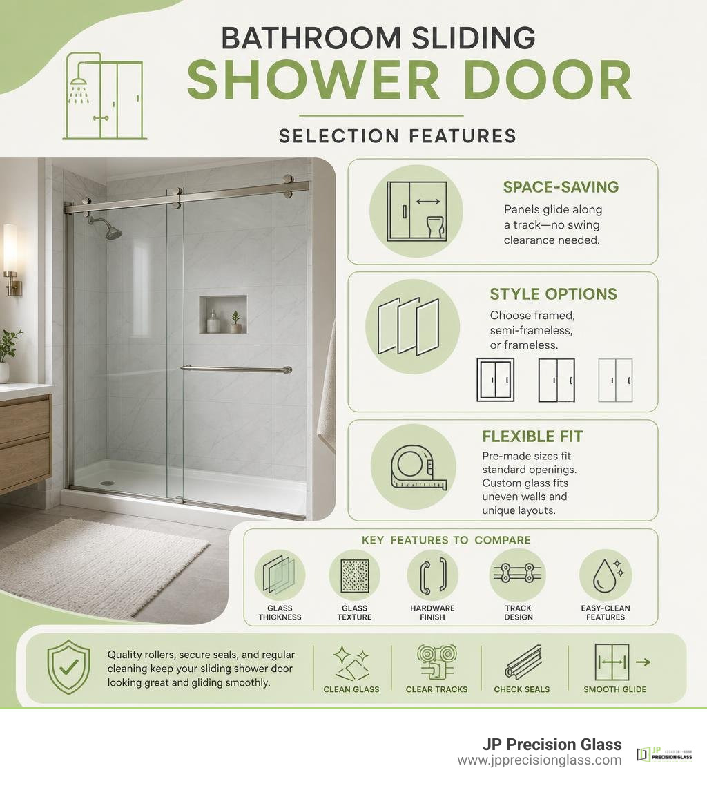 Bathroom sliding shower door selection features infographic Bathroom sliding shower door selection features infographic