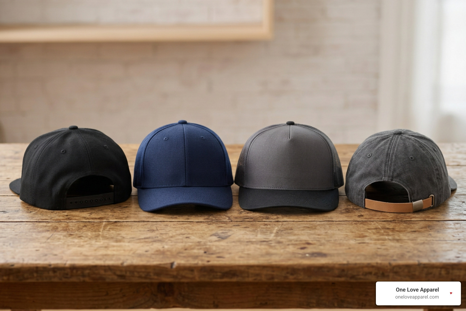 Comparison showcase of a snapback cap beside a fitted hat, trucker hat, and leather strapback Comparison showcase of a snapback cap beside a fitted hat, trucker hat, and leather strapback