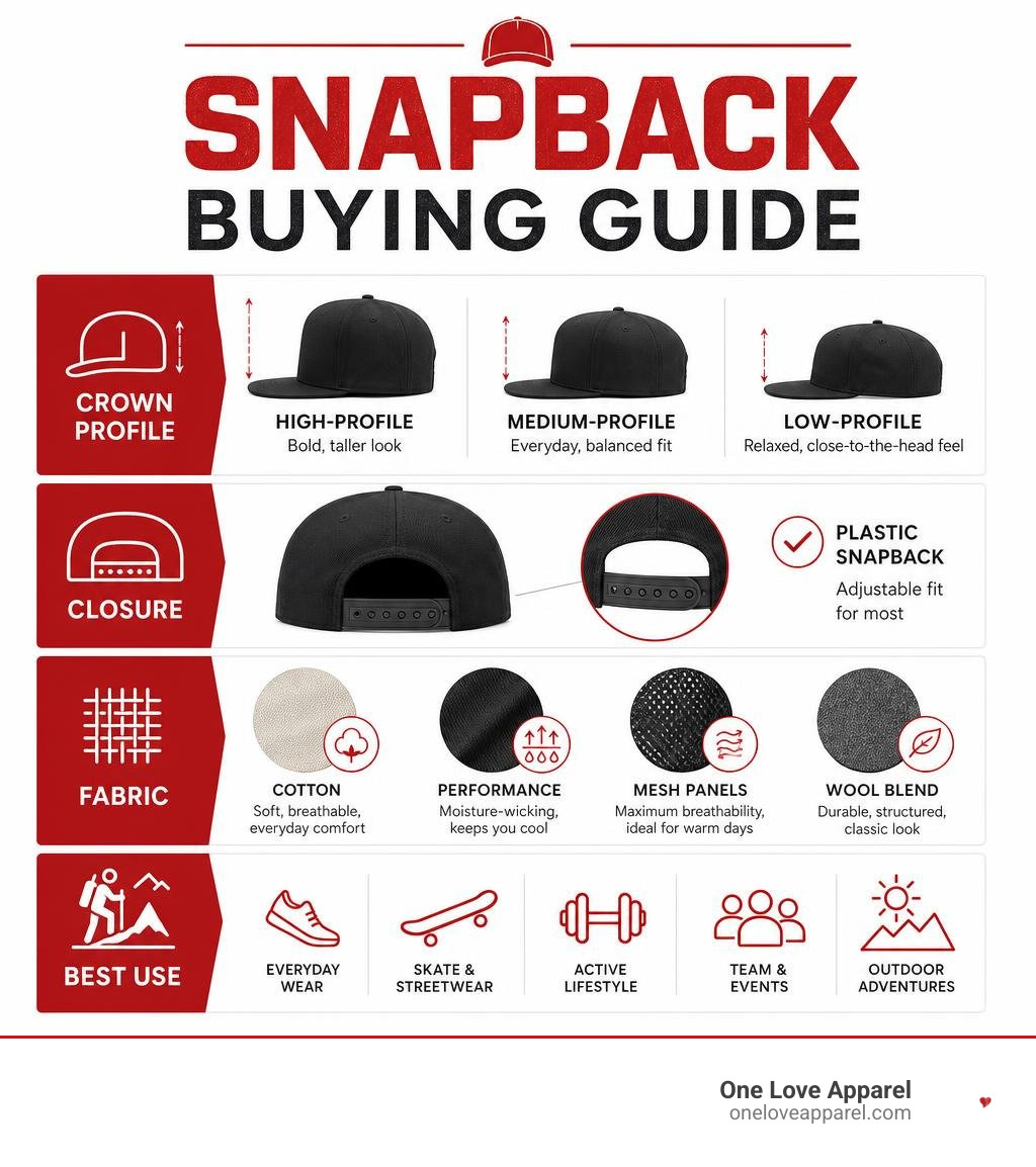 Snapback buying guide showing crown profile, closure, fabric, and best use infographic Snapback buying guide showing crown profile, closure, fabric, and best use infographic