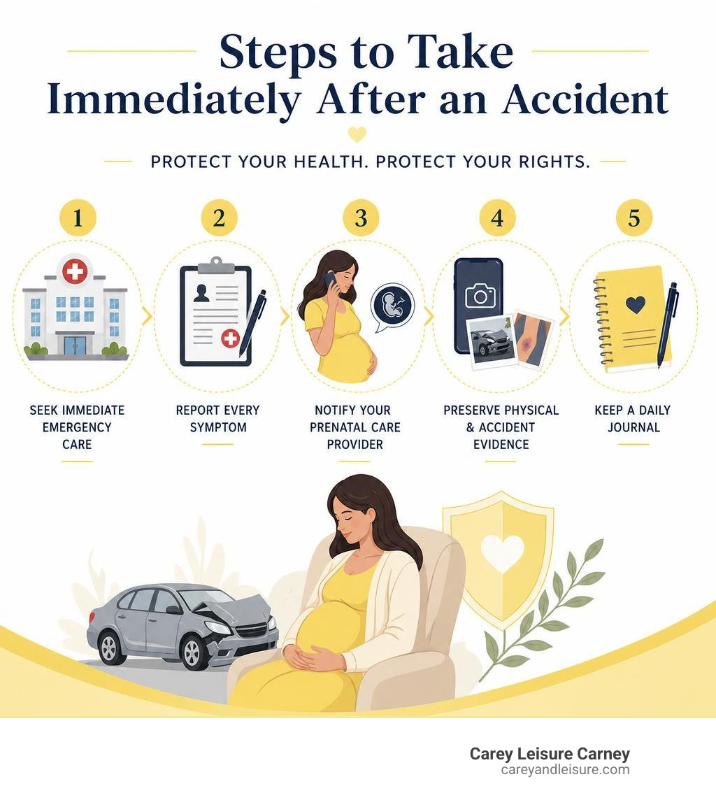 Steps to take immediately after an accident including emergency care, symptom reporting, and record preservation infographic