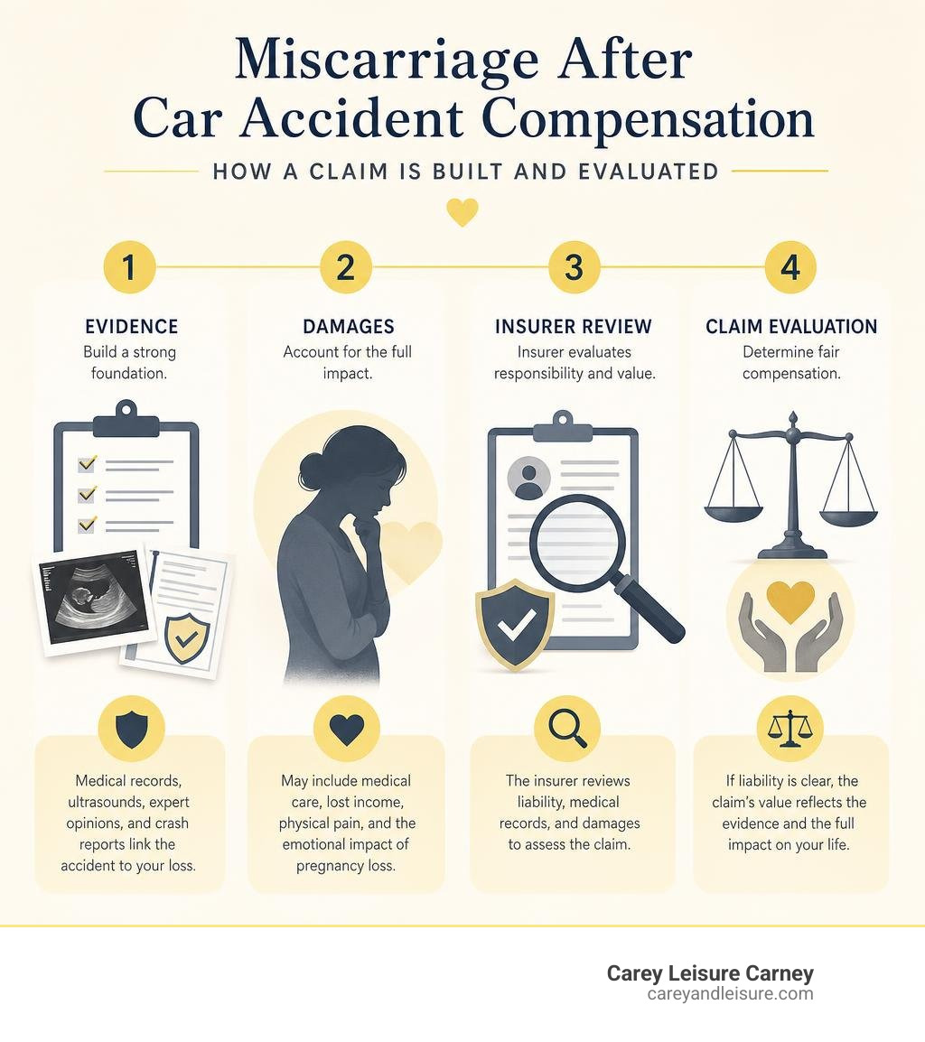 Infographic showing evidence, damages, insurer review, and claim evaluation after pregnancy loss infographic