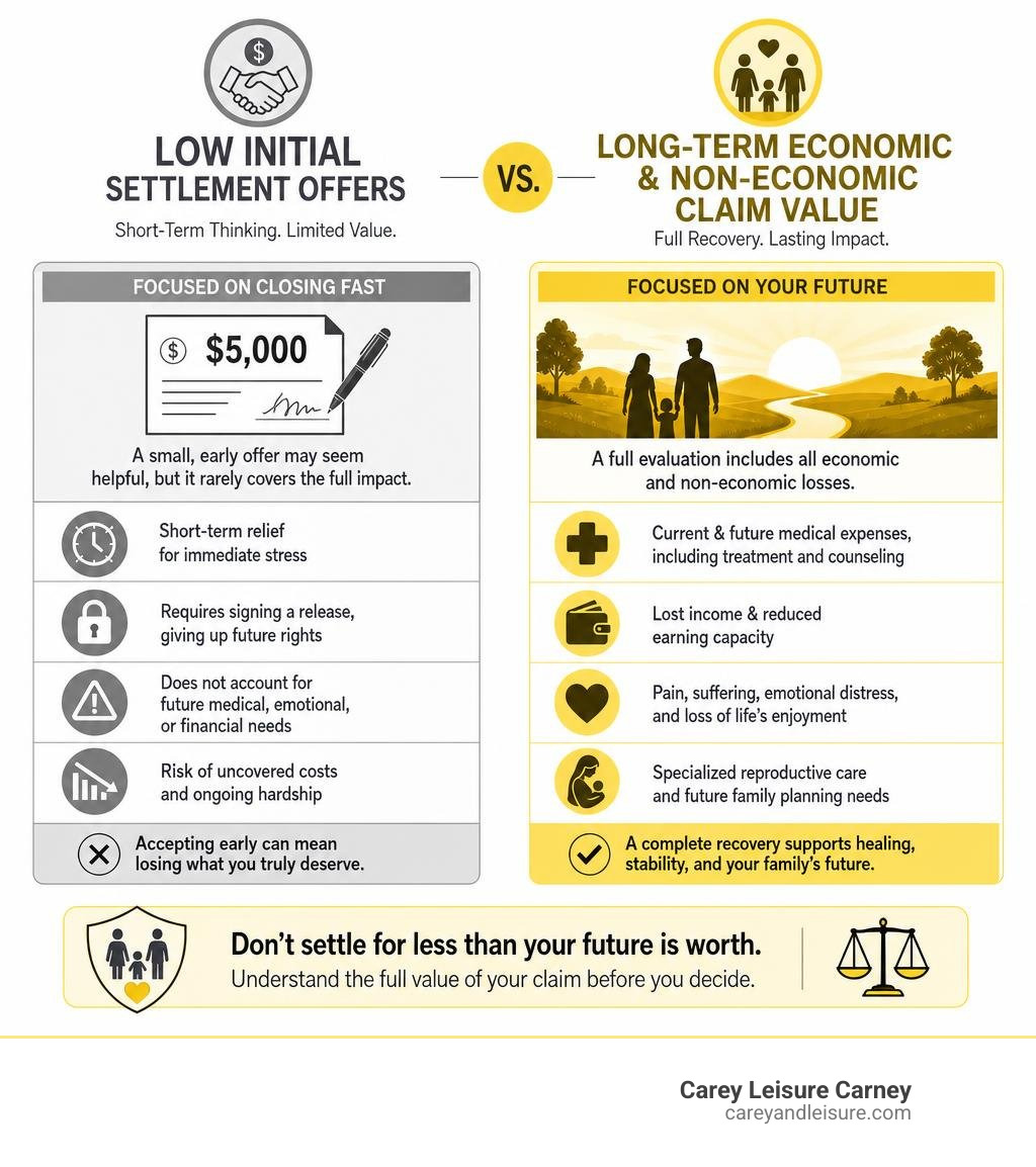 Chart comparing low initial settlement offers versus long-term economic and non-economic claim value infographic