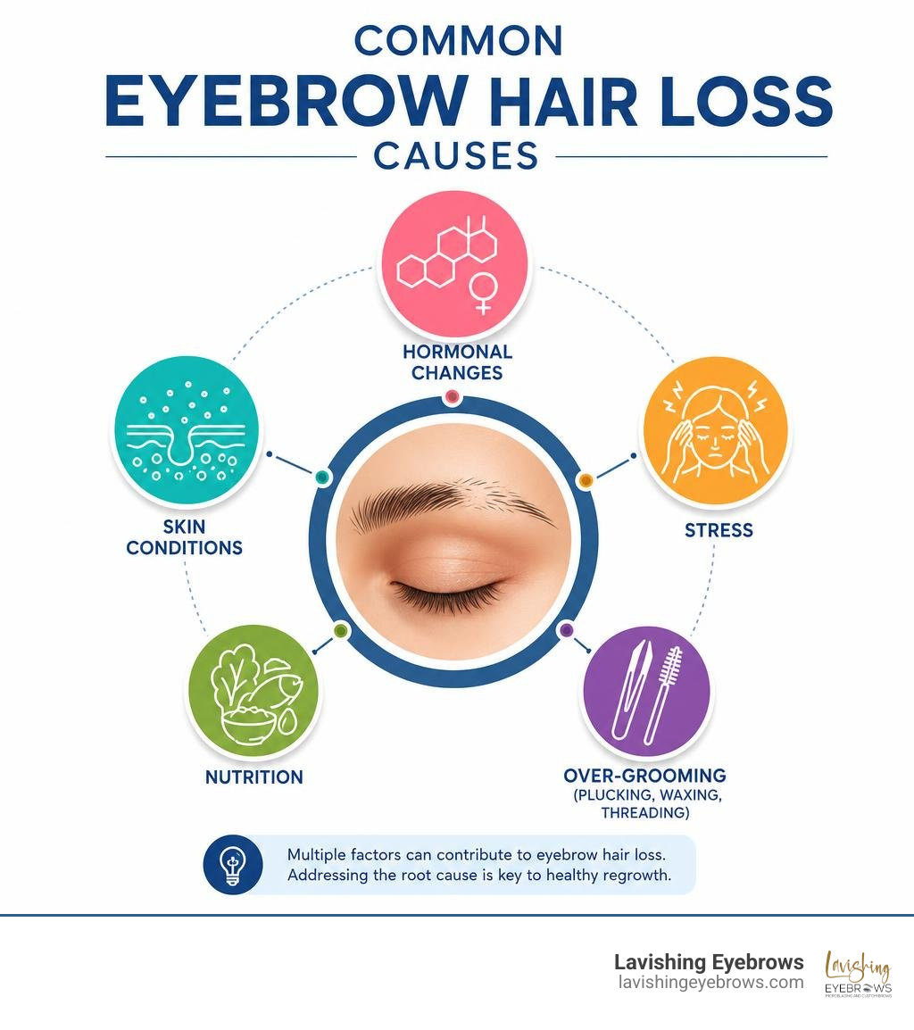 Infographic showing common eyebrow hair loss causes: hormones, skin conditions, stress, nutrition, grooming infographic