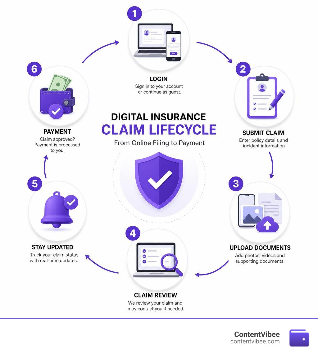 Digital insurance claim lifecycle from online filing to payment infographic Digital insurance claim lifecycle from online filing to payment infographic