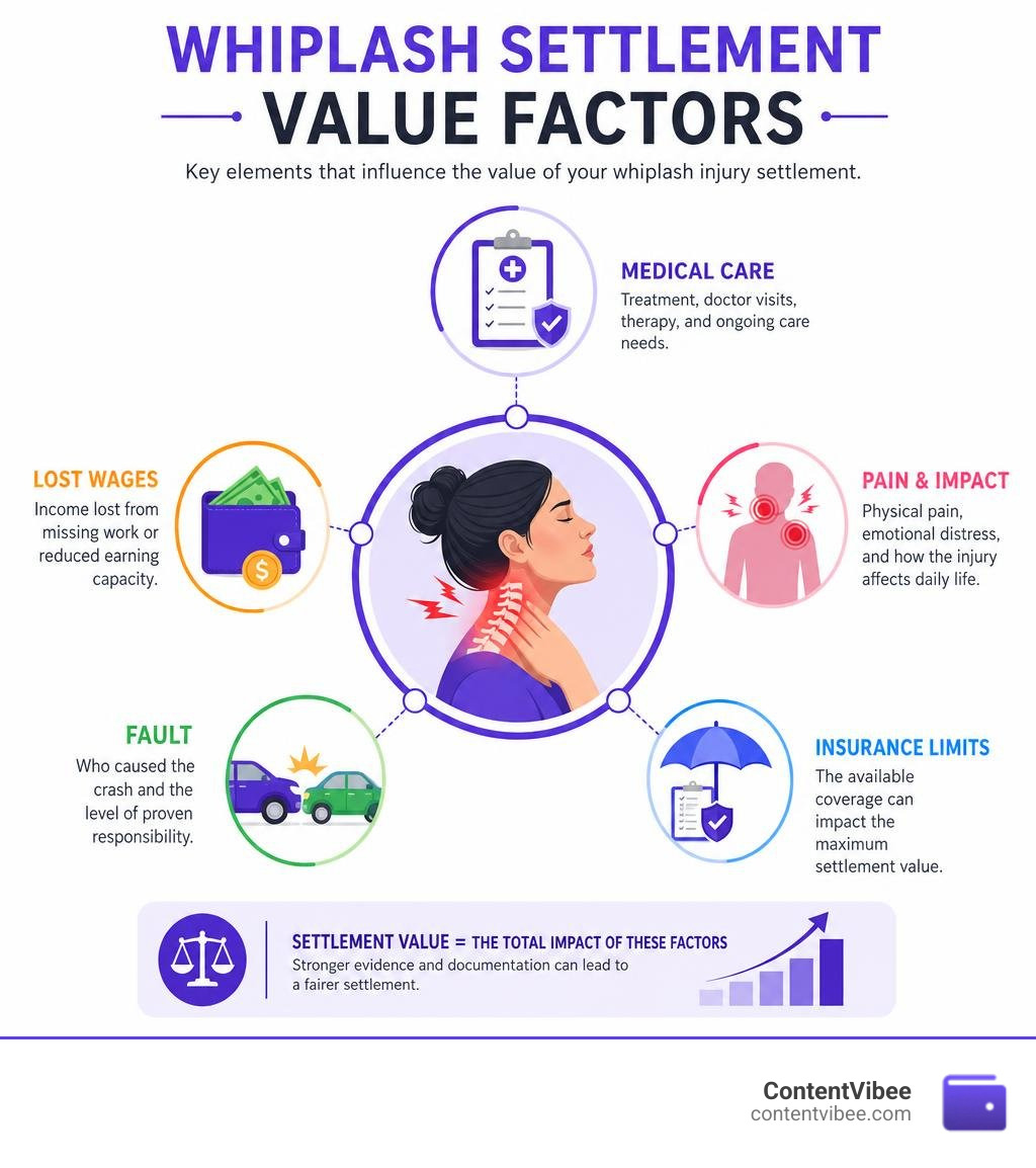 Whiplash settlement value factors: medical care, lost wages, pain, fault, and insurance limits infographic