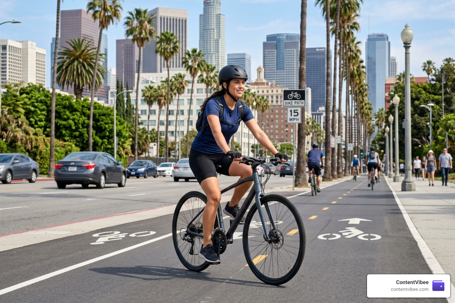 Cyclist riding safely on a Los Angeles bicycle path