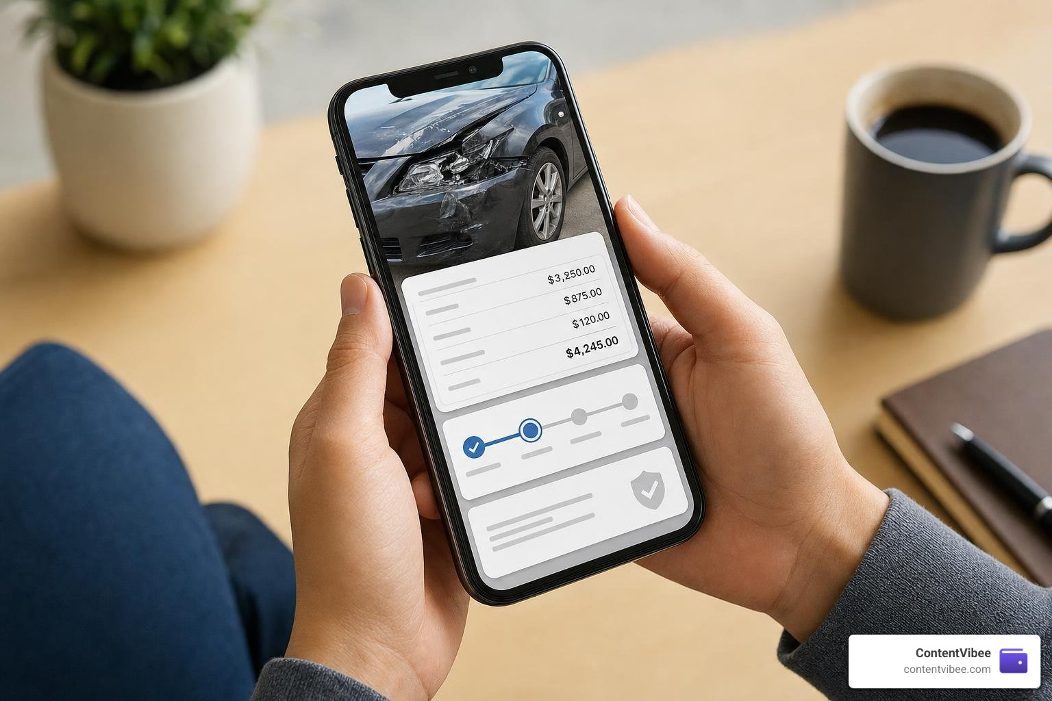 phone screen showing mobile insurance claim portal and damage estimate