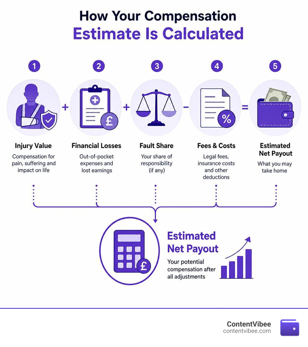 infographic showing injury value, financial losses, fault share, fees, and estimated net payout infographic