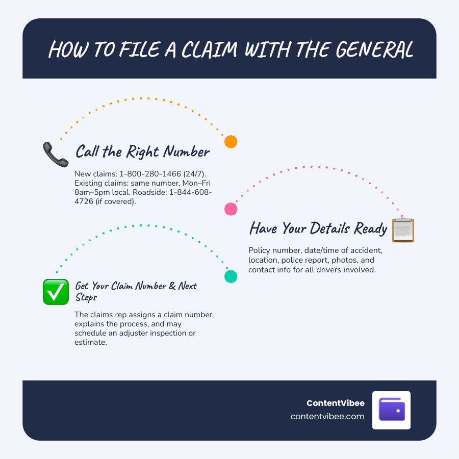 Infographic showing The General claims, existing claim, roadside, and National General contact routes infographic
