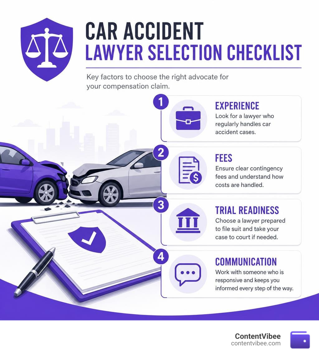 Car accident lawyer selection checklist: experience, fees, communication, trial readiness infographic