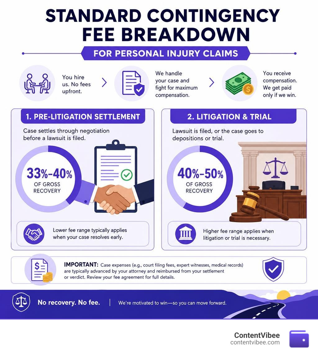 Standard contingency fee breakdown for personal injury claims infographic