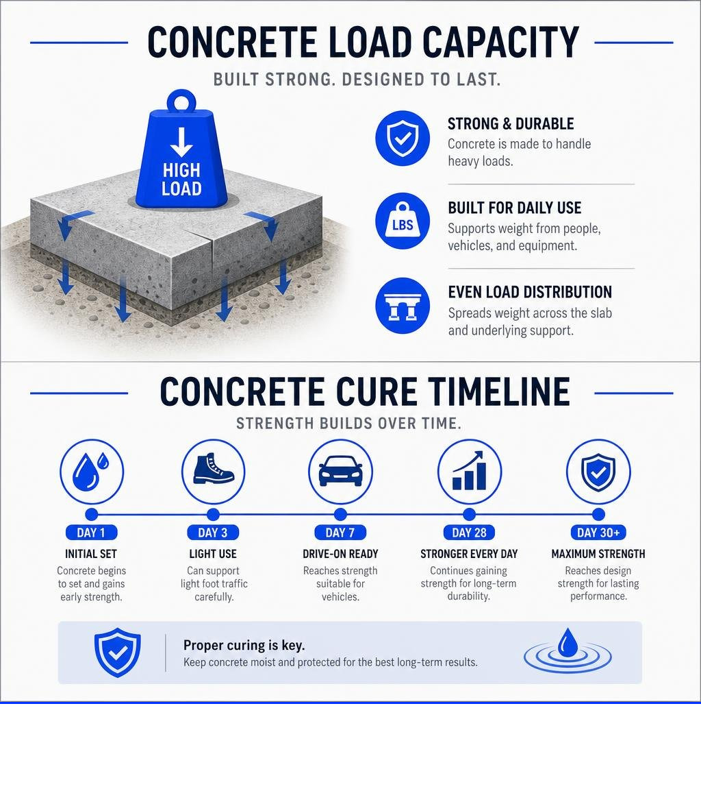 Concrete load capacity and cure timeline infographic Concrete load capacity and cure timeline infographic