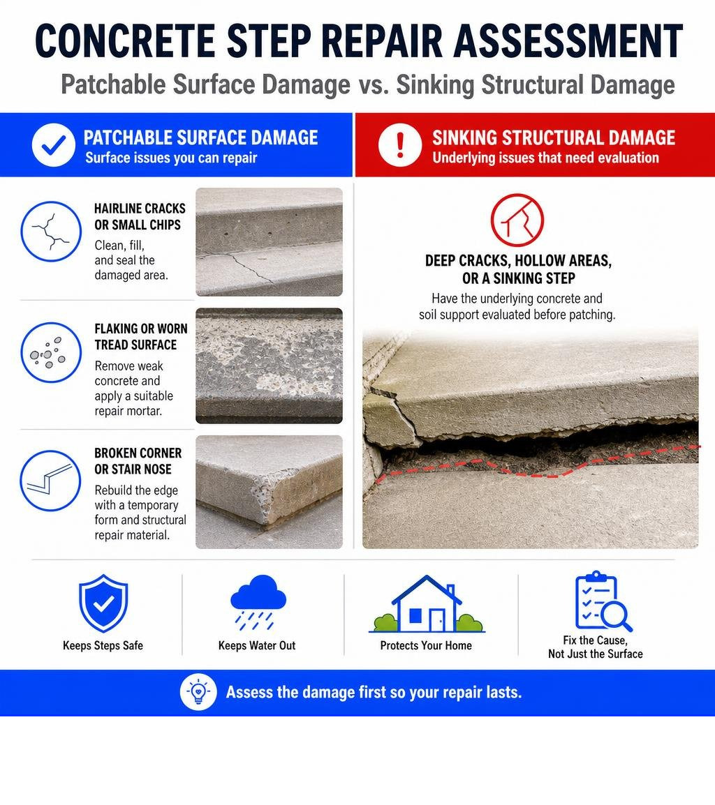 Concrete step repair assessment: patchable surface damage versus sinking structural damage infographic Concrete step repair assessment: patchable surface damage versus sinking structural damage infographic
