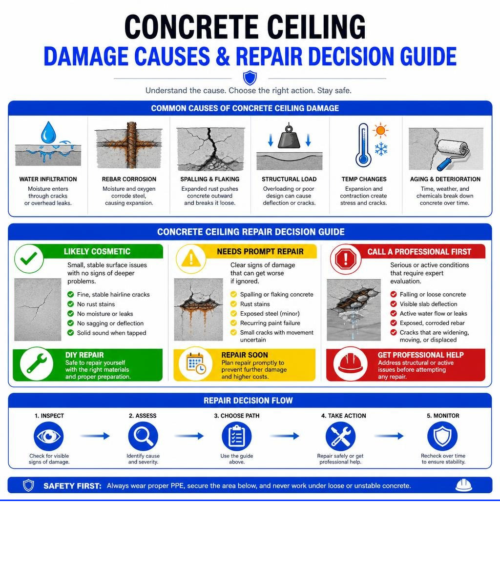 Concrete ceiling damage causes and repair decision guide infographic Concrete ceiling damage causes and repair decision guide infographic