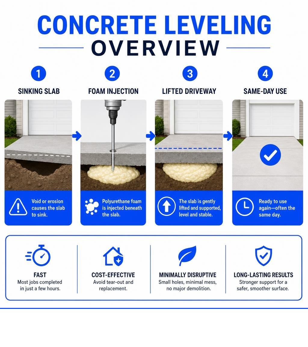 Concrete leveling overview: sinking slab, foam injection, lifted driveway, same-day use infographic Concrete leveling overview: sinking slab, foam injection, lifted driveway, same-day use infographic