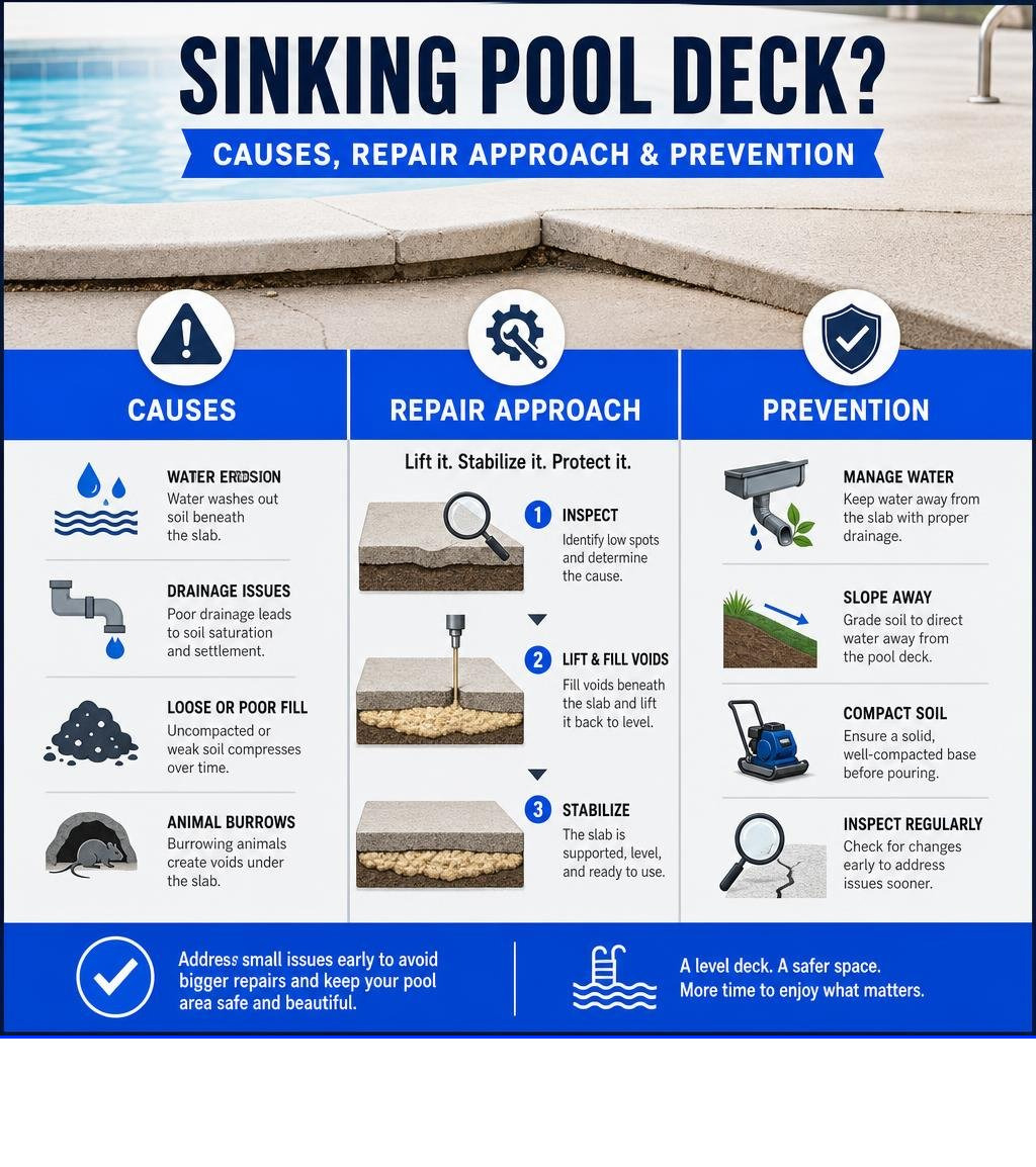 Infographic showing causes, repair approach, and prevention for a sinking pool deck infographic Infographic showing causes, repair approach, and prevention for a sinking pool deck infographic