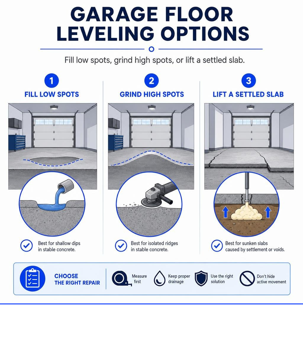 Garage floor leveling options: fill low spots, grind high spots, or lift a settled slab infographic Garage floor leveling options: fill low spots, grind high spots, or lift a settled slab infographic