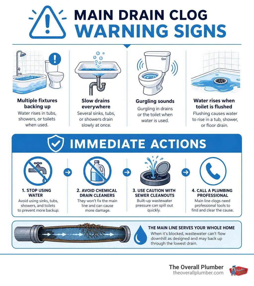 Main drain clog warning signs and immediate actions infographic Main drain clog warning signs and immediate actions infographic