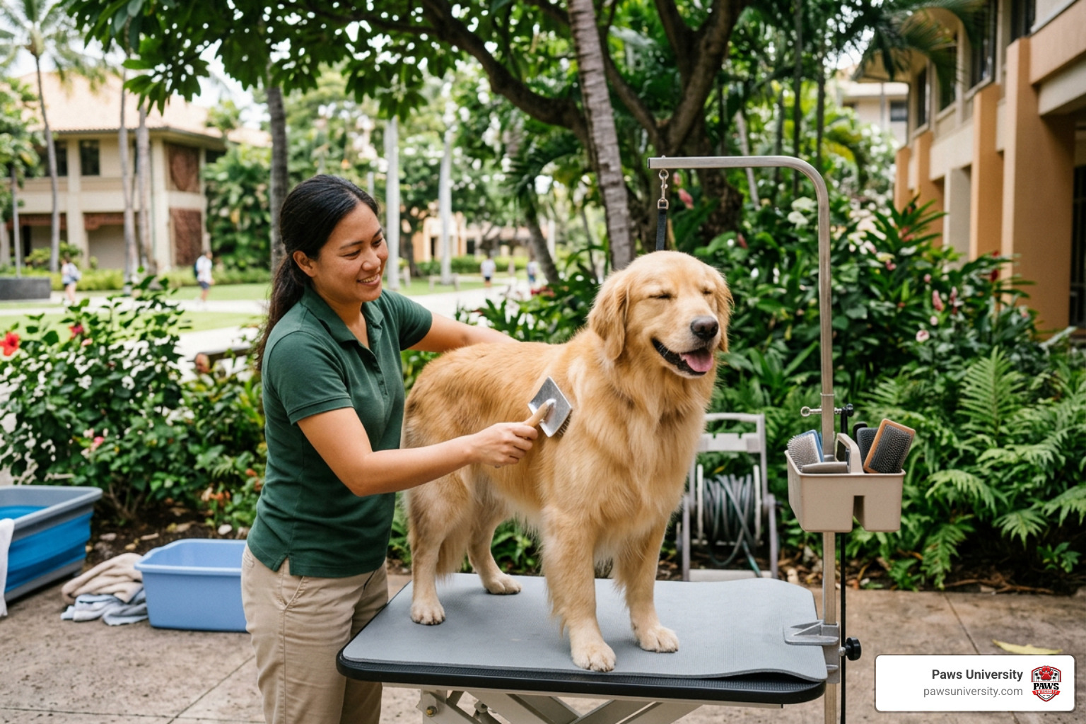 Dog enjoying professional grooming on Hawai'i campus Dog enjoying professional grooming on Hawai'i campus